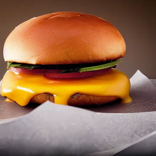 Image similar to hamburger with cheese running down bun, hyper realistic, award winning food photography