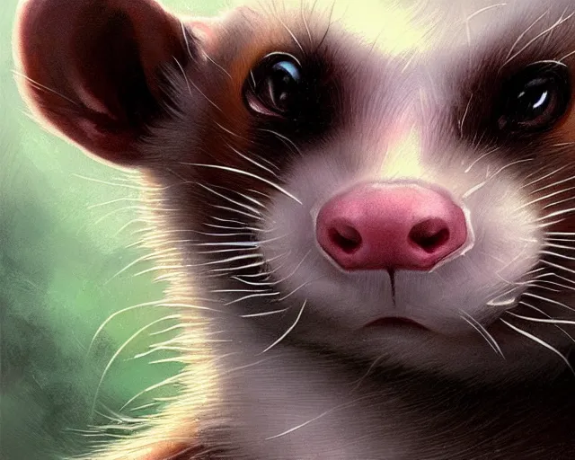 Image similar to close up of a ferret with scars and a face tattoo, deep focus, d & d, fantasy, intricate, elegant, highly detailed, digital painting, artstation, concept art, matte, sharp focus, illustration, hearthstone, art by artgerm and greg rutkowski and alphonse mucha