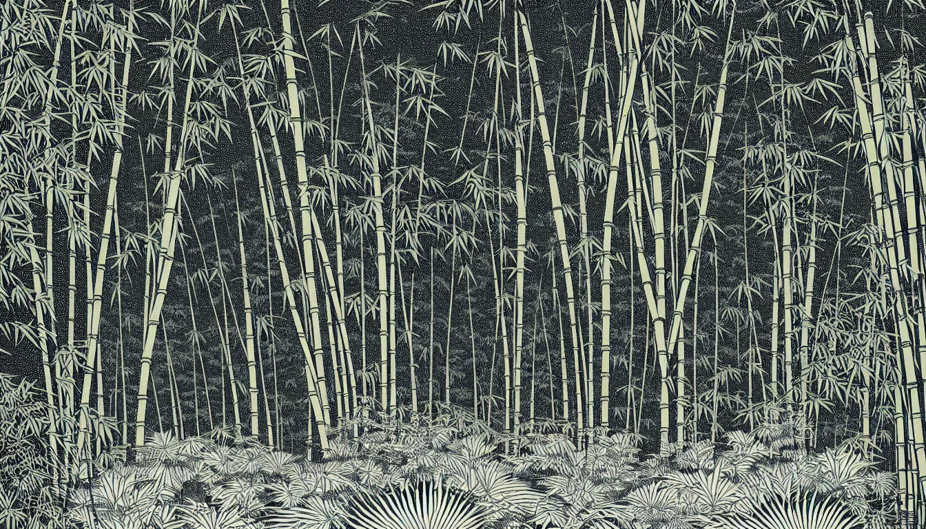 Image similar to bamboo grove with large ferns by woodblock print, nicolas delort, moebius, victo ngai, josan gonzalez, kilian eng