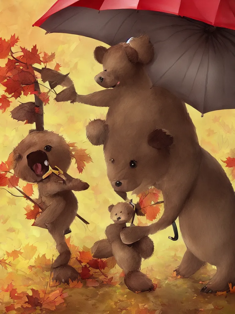 Image similar to autumn a bear with an umbrella cartoon trending on artstation