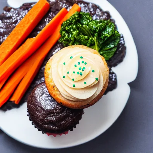 Image similar to A beef stew cupcake with a side of freshly shaved carrot and caviar, high definition photography, 8k, food photography