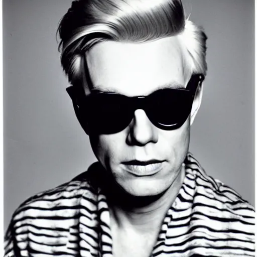 Image similar to Colorized Stylistic Portrait of Andy Warhol with shutter shades and a high top fade pompadour fade short hairstyle, taken in the 1970s, photo taken on a 1970s polaroid camera, grainy, real life, hyperrealistic, ultra realistic, realistic, highly detailed, epic, HD quality, 8k resolution, body and headshot, film still, front facing, front view, headshot and bodyshot, detailed face, very detailed face