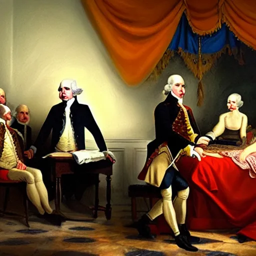 Image similar to oil painting Life of George Washington Deathbed but everyone is looking at glowing iPhones