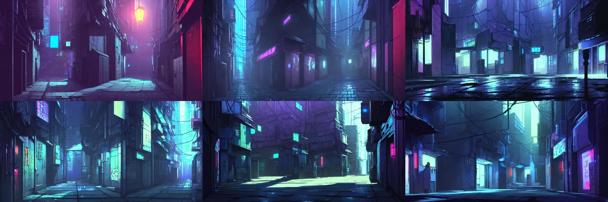 Image similar to a close up of a city alleyway in the atmospheric cyberpunk anime film, gouache matte background painting, neon noir, at night with lights, by makoto shinkai, in the anime series ergo proxy, beautiful specular edge highlights and rim lighting