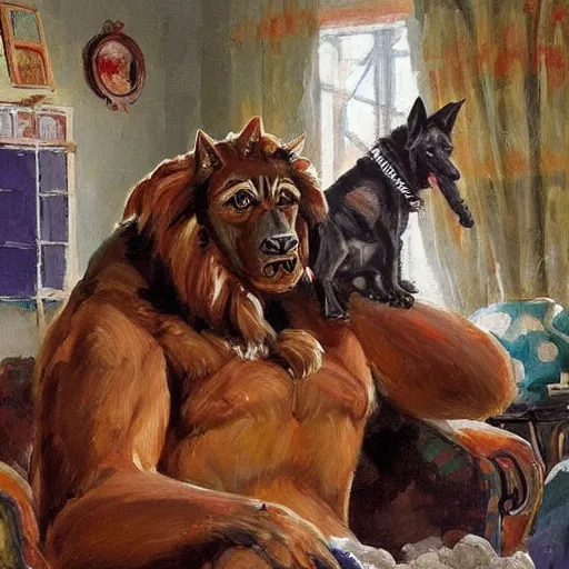 Image similar to a humanoid german shepherd beast - man, sitting and watching a soccer match in his house on television, he has hurt his knee and is a dad, by erin hanson, alexi zaitsev, karl spitzweg, award winning, tv set