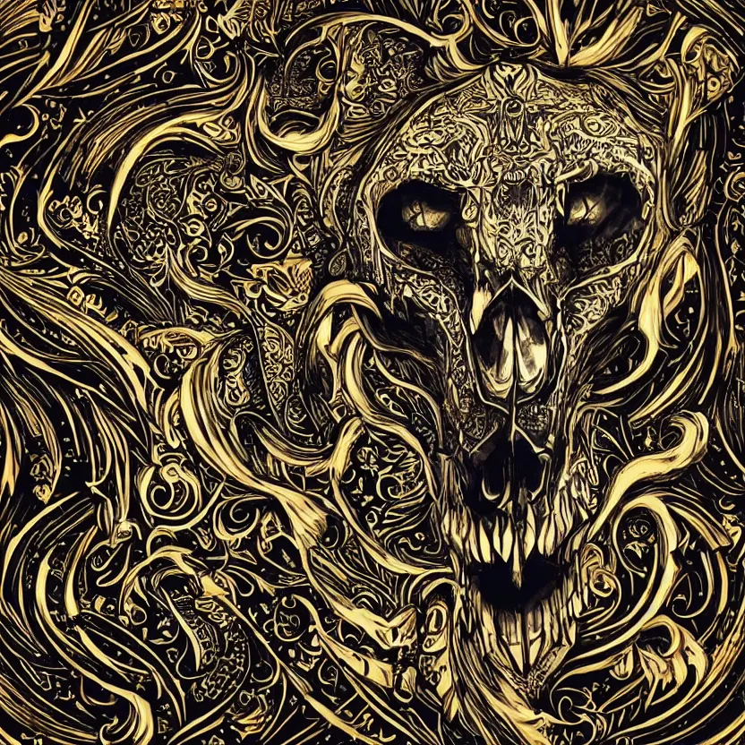 Image similar to photo of wolf skull on bones, dramatic lighting, circural, golden ornaments, symmetric, intricate skeletal decorations, symmetry, highly detailed, concept art, black, glimpse of red, white, gold layers, centered, style of nekroxiii, hyperrealistic, black background, smoke