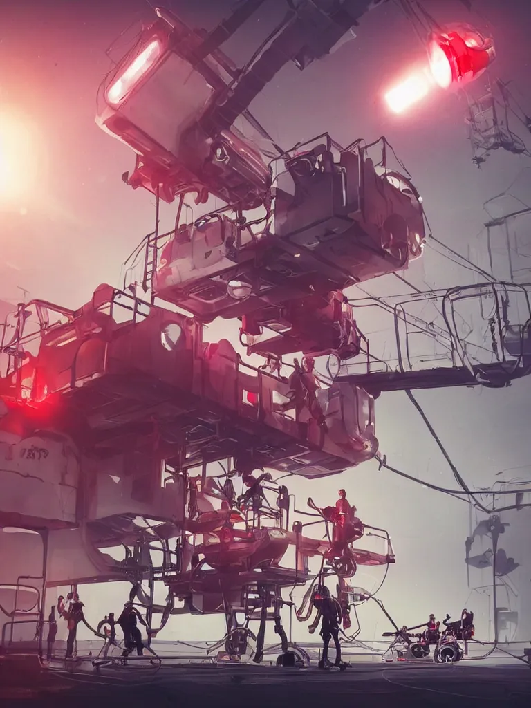 Image similar to graphic art of dystopian futuristic 1 0 mechanic surgeons in space suits, operate on a huge mickeymouse! severedhead!!!! held by a crane. ominous glowing red netflix!!! sign in the background, trending on art station, beeple!!, clean concept art, smooth, octane render