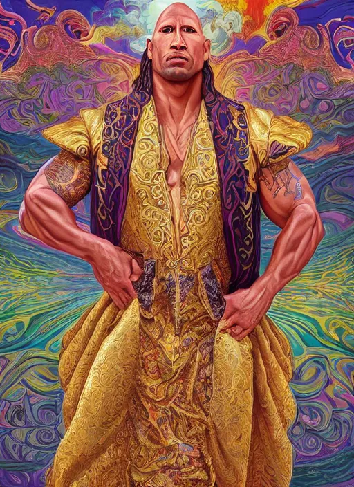 Prompt: beautiful oil painting, full length portrait of Dwayne the rock Johnson as Louis xiv in coronation robes 1701, Dan Mumford, Dan Mumford, Alex grey, Alex grey, lsd visuals, dmt fractal patterns, visionary art, psychedelic art, highly detailed, ornate, vaporwave