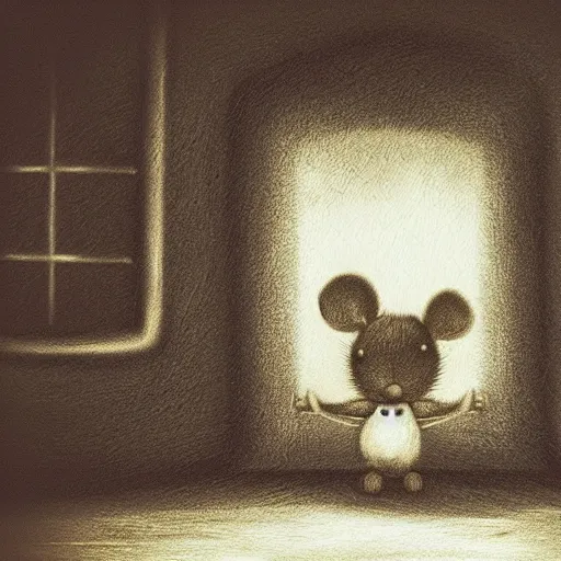 Prompt: fluffal mouse inside creepy scary nightmare atmosphere, realsitic