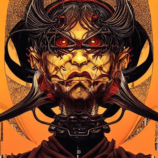 Image similar to portrait of devil's advocate, symmetrical, by yoichi hatakenaka, masamune shirow, josan gonzales and dan mumford, ayami kojima, takato yamamoto, barclay shaw, karol bak, yukito kishiro