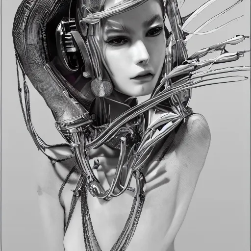 Prompt: the portrait of an absurdly beautiful, graceful, sophisticated, fashionable cyberpunk gynoid gravure idol, an ultrafine hyperdetailed illustration by kim jung gi, irakli nadar, intricate linework, neon wiring, porcelain skin, unreal engine 5 highly rendered, global illumination, radiant light, detailed and intricate environment