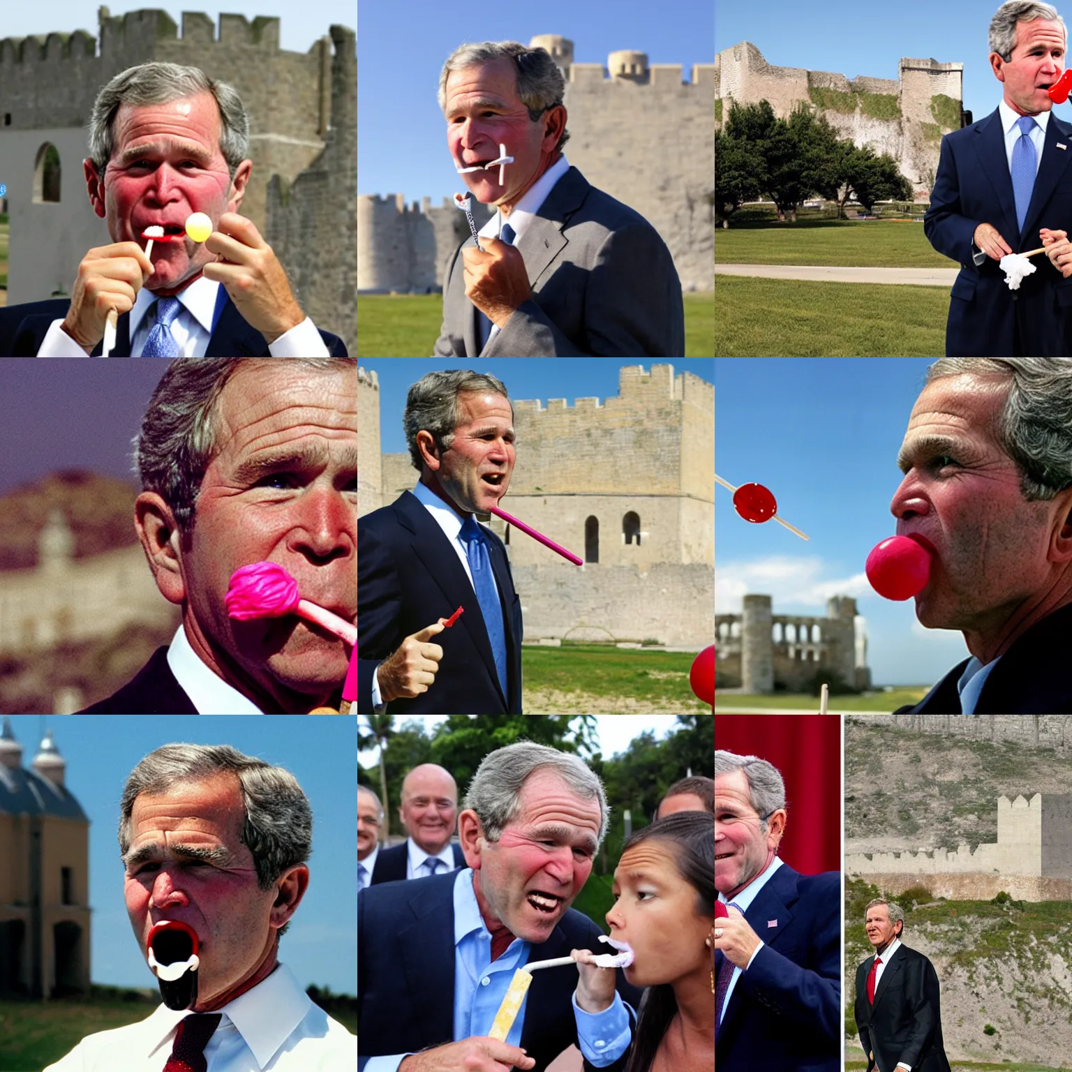 Prompt: George W. Bush licking a lollipop, a historic old white fortress in the background