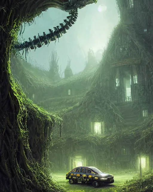 Image similar to xenomorph taxi car in a fantasy village, calming, uplifting mood, ultra realistic, farm, small buildings, highly detailed, atmosphere, masterpiece, epic lighting, elves, green plants, magic, illuminated, 4 k, cinematic, morning sun, art by eddie mendoza and sylvain sarrailh and jonathan berube