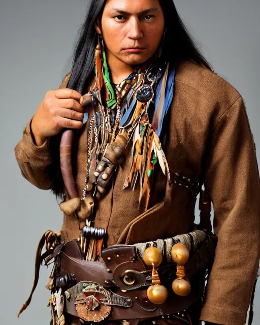 Image similar to character portrait of a young thin native American Indian man, wearing cargo buckskin jacket buckskin tactical toolbelt pockets bandolier full of trinket and baubles, steampunk arcane shaman, deadlands, weird west