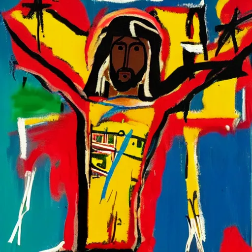 Prompt: oil painting of Jesus on the cross in the style of Basquiat, 8k