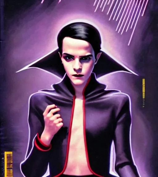 Prompt: a cyberpunk very ugly mafia boss in a suit with slicked back black hair played by emma watson as an elf, 1 9 7 9 omni magazine cover, style by vincent di fate, artgerm, very coherent, detailed, 4 k resolution, bright, unreal engine, daz