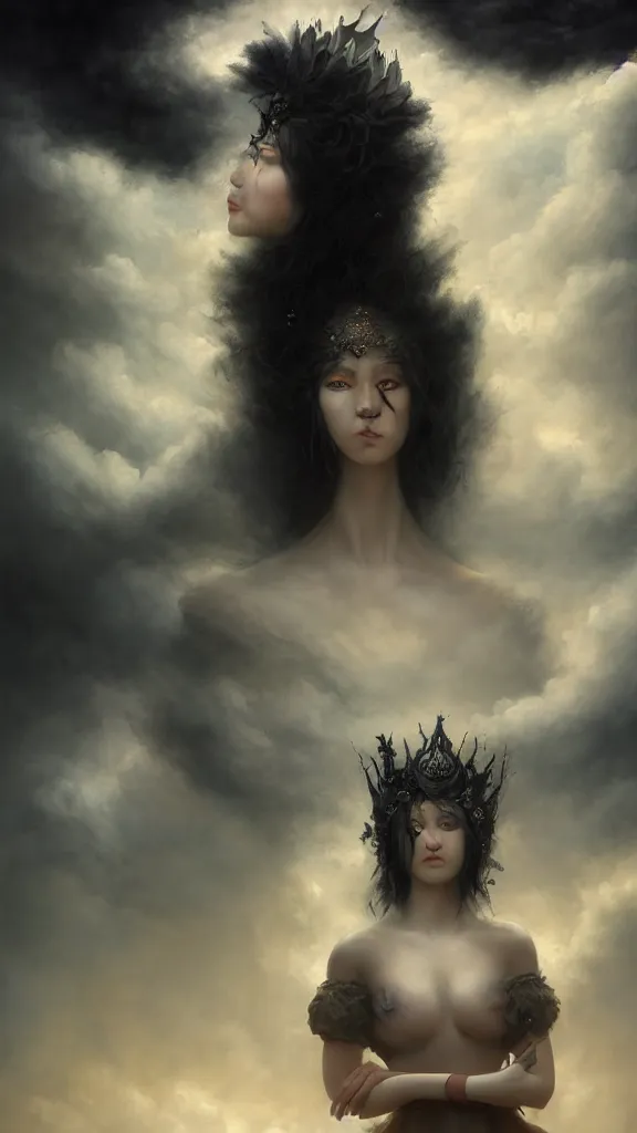 Image similar to a woman with very black hair and pale skin with a crown on her head walk on the clouds, in the style of tomasz alen kopera and fenghua zhong and peter mohrbacher, mystical colors, rim light, beautiful lighting, 8 k, stunning scene, raytracing, octane, trending on artstation,