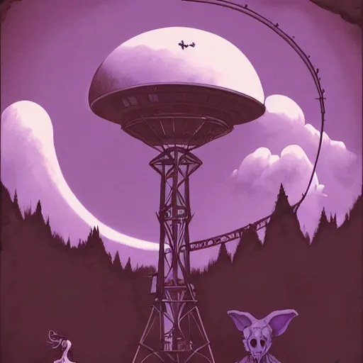 Prompt: abigail larson, don bluth, artgerm, joshua middleton, purple color pallete, welcome to night vale, radio tower with black hole above it, helicopter, spooky strange weird quirky, cartoon, 2 d, chiral lighting