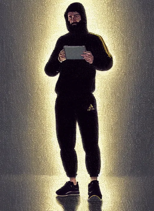 Image similar to portrait of slav heroine wearing an addidas tracksuit with a phone in hand. illuminated phone screen, by greg rutkowski and wlop, detailed, cinematic, 8 k, intricate, rule of thirds.