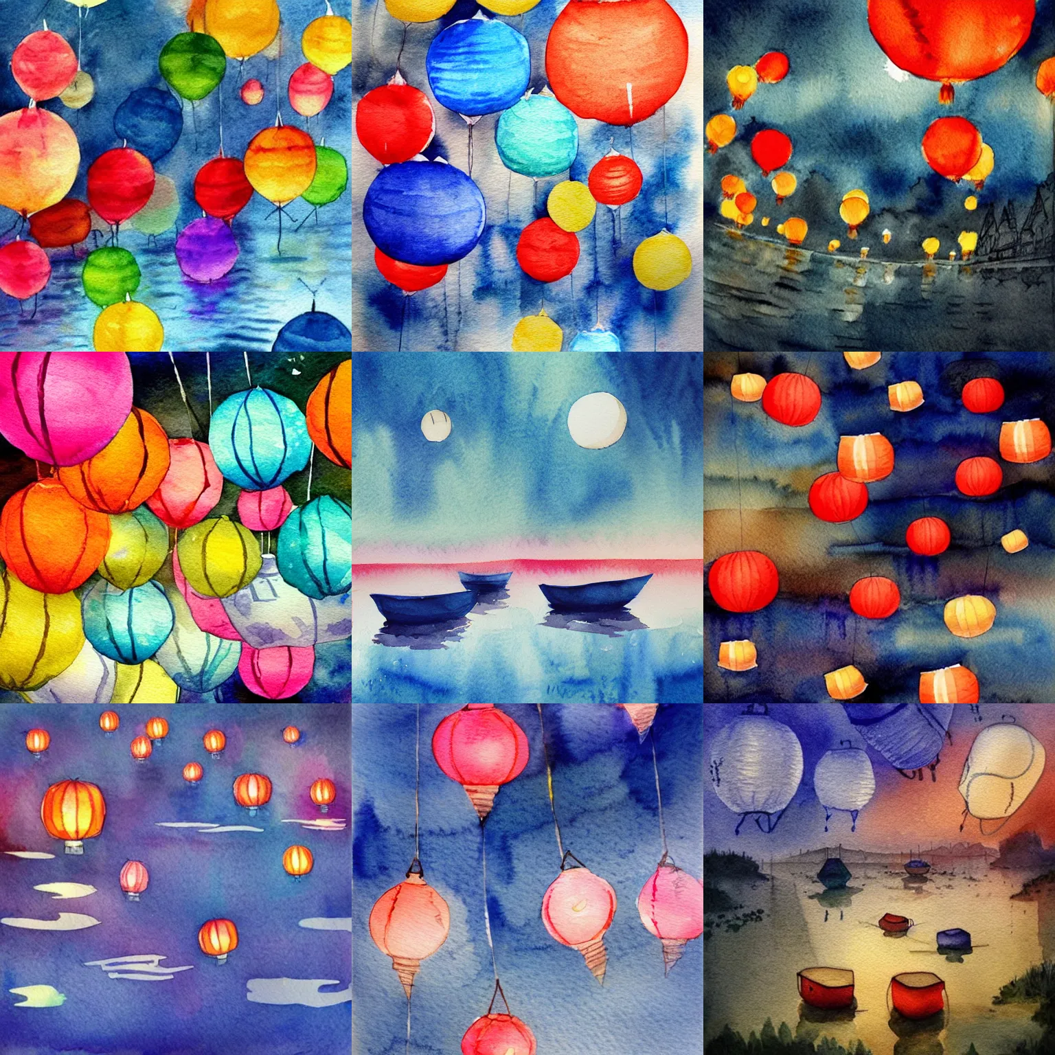 Prompt: paper lanterns boats in many colors floating down a river at night, beautiful watercolor painting trending on artstation