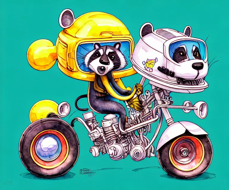 Image similar to cute and funny, racoon wearing a helmet riding in a tiny hot rod with oversized engine, ratfink style by ed roth, centered award winning watercolor pen illustration, isometric illustration by chihiro iwasaki, edited by range murata, tiny details by artgerm and watercolor girl, symmetrically isometrically centered, hyperfocused