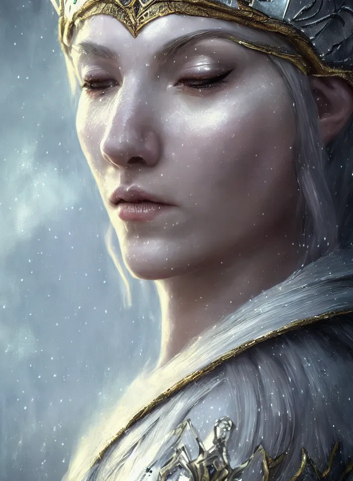 Image similar to a closeup portrait of an elven queen from skyrim wearing white mithril armor, fantasy setting, cold environment, serene colors, soft lighting, atmospheric, cinematic, moody, in the style of diego koi, gina heyer, luiz escanuela, art by alyssa monk, depth, hyperrealism, rule of thirds, golden ratio, oil on canvas, 8 k