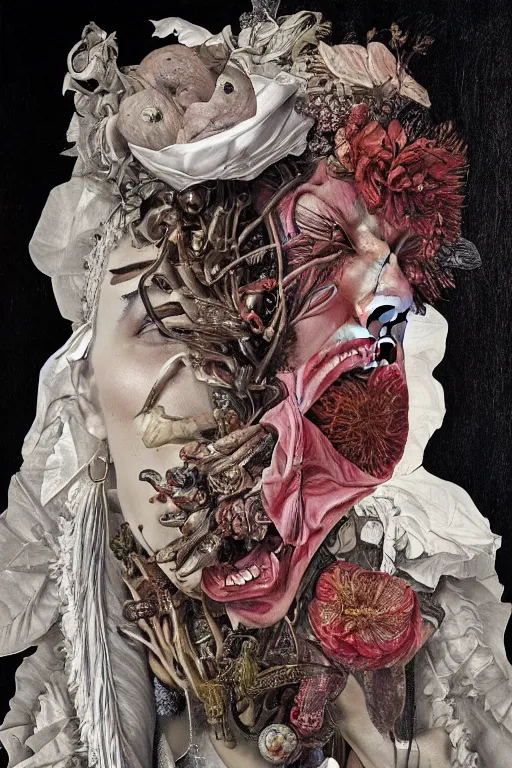 Image similar to Detailed maximalist portrait a with large lips and with large eyes, exasperated expression, botanical skeletal with extra flesh, high fashion, HD mixed media, 3D collage, highly detailed and intricate, surreal illustration in the style of Caravaggio and Jenny saville, dark art, baroque