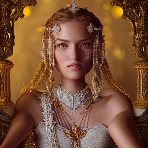 Image similar to portrait of pretty princess with perfect skin, glowing, ornate and intricate diamond jewelry, jaw dropping beauty, ornate and intricate backdrop, white accent lighting, hyper detailed, 4 k octane render