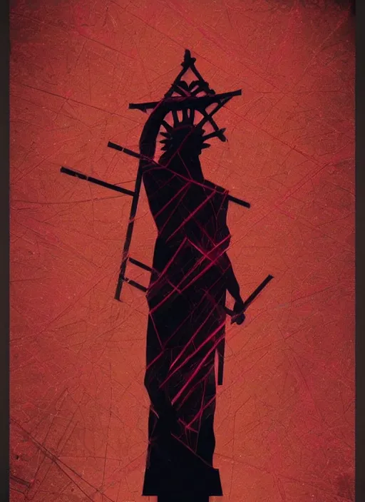 Image similar to dark design poster showing a statue of the greek gods, black background with very subtle red and purple design elements, powerful, nekro, vito acconci, thin straight lines, dark, glitch art, neo vaporwave, gritty, layout frame, square, trending on artstation