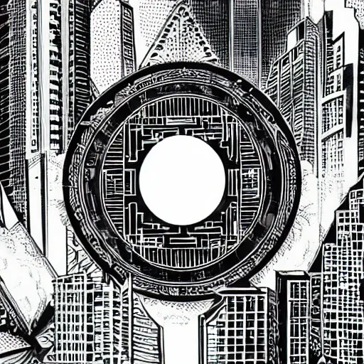 Image similar to a yin - yang daoist symbol superimposed on the futuristic cityscape in a utopian well - organized society, black and white