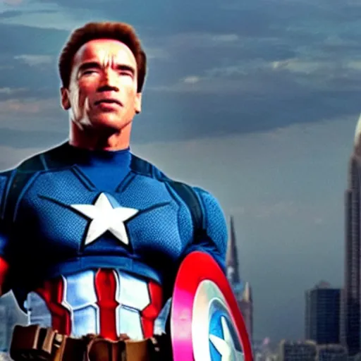Image similar to Arnold Schwarzenegger playing Captain America on The Avengers