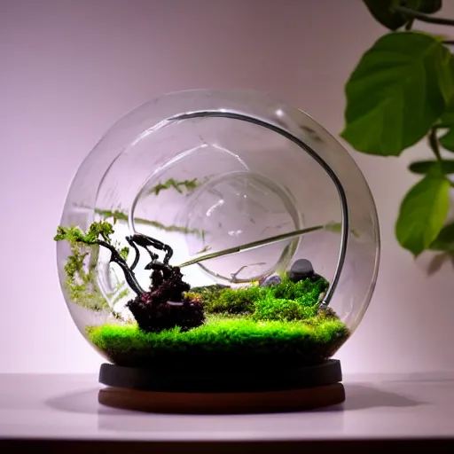 Image similar to a terrarium with nuclear reaction having meltdown, on top of a minimalist table, lit from the side