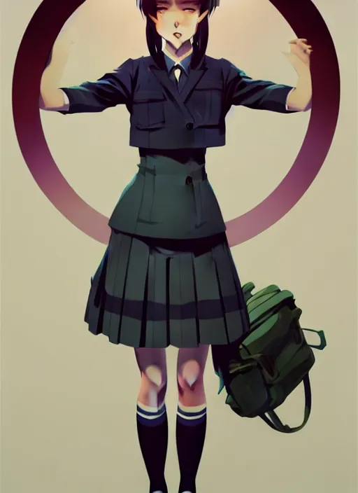 Image similar to full body beautiful and cute and aesthetic school girl greeting, very slightly smiling, wave a hand at the camera, perfect face, symmetric eyes, sharp focus, specular reflection, occlusion shadow, artstation, by ilya kuvshinov and jeremy lipking and quentin mabille, light novel cover art, 3 d epic illustrations, symmetric body