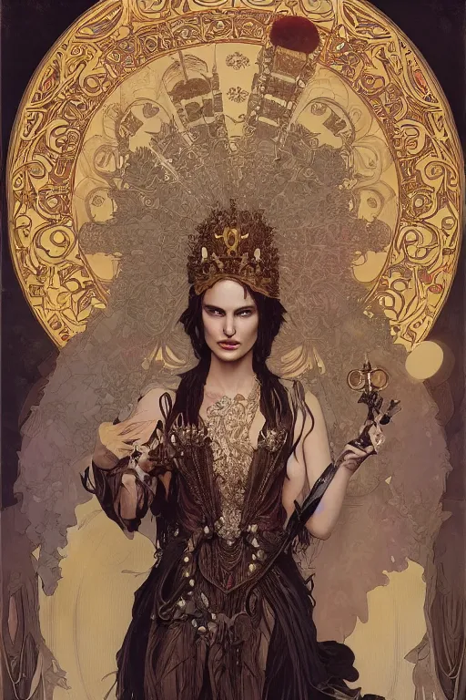 Prompt: natalie portman as queen of the undead, painted by nekro, alphonse mucha, dark - fantasy, intricate detail, artstation, cgsociety, rococo, gold leaf art