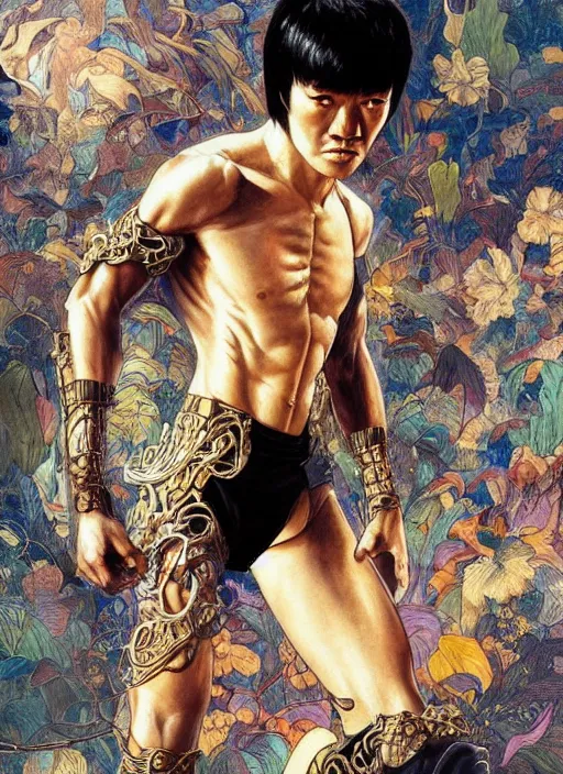 Image similar to bruce lee as a organic cyborg, diffuse lighting, fantasy, intricate, elegant, highly detailed, lifelike, photorealistic, digital painting, artstation, illustration, concept art, smooth, sharp focus, art by john collier and albert aublet and krenz cushart and artem demura and alphonse mucha