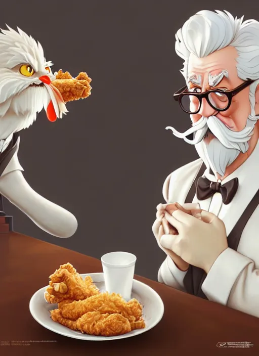 Prompt: cute colonel sanders eating fried chicken, natural lighting, path traced, highly detailed, high quality, digital painting, by don bluth and ross tran and studio ghibli and alphonse mucha, artgerm