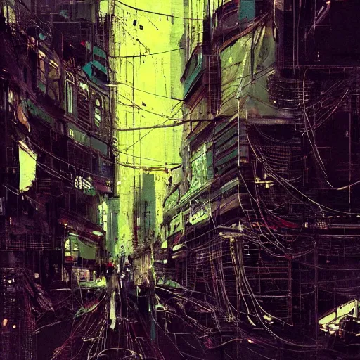 Image similar to a cyberpunk, wires, machines, in a dark future city by jeremy mann, francis bacon and agnes cecile, ink drips, paint smears, digital glitches glitchart c - 1 0