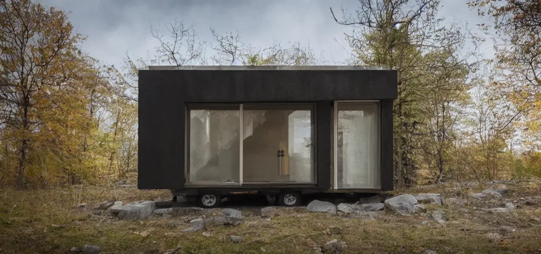 Prompt: brutalist tiny home made of stone