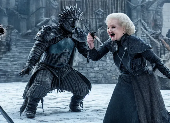 Image similar to a screenshot of betty white fighting the night king with a sword in an episode of game of thrones