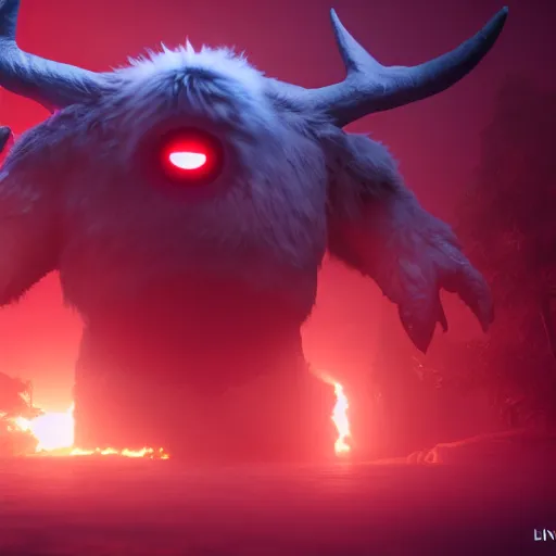 Image similar to cinematography picture of the big monster with horns and big red eye, cyclope, fluffy skin, red soft lights, 8k, unreal engine 5, cel-shading, photography, highly detailed