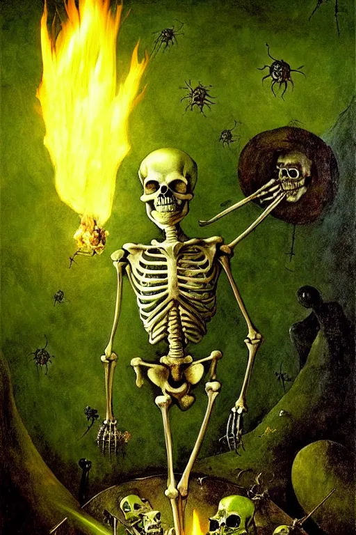Prompt: hieronymus bosch, greg rutkowski, anna podedworna, painting of a skeleton wizard burning with green fire, green glowing runes, evil glow, light from cracks in ground
