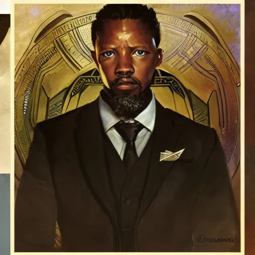 Image similar to Gavin McInnes wearing a suit in the Black Panther, sigma male, portrait art by alphonse mucha and greg rutkowski, highly detailed, digital painting, concept art, illustration, dim lighting with twilight rays of sunlight, trending on artstation, very detailed, smooth, sharp focus, octane render