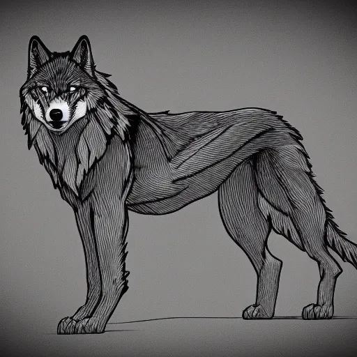 Image similar to full-body wolf template base, digital line-art, simple, no color, black and white, high quality, HD, 8K