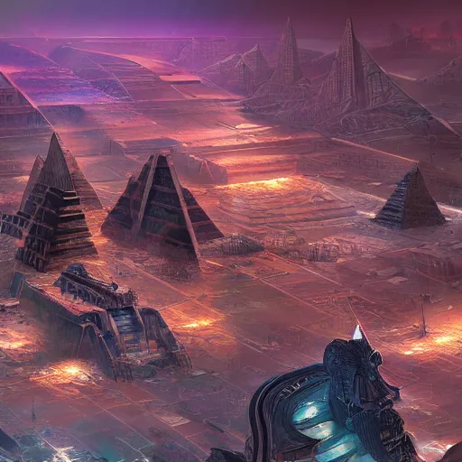 Prompt: a scene of the beautiful intricate epic futuristic pharaoh city focusing on a huge sphinx dominating the scene, floating cyber ships shaped as pyramids, hyper detailed, cinematic lighting