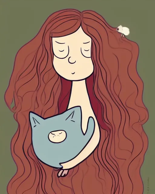 Prompt: a portrait of a young woman with very long pink hair undulating on the wind, light brown eyes, slightly chubby, pale skin, pretty, cute, holding a white cat. adventure time style