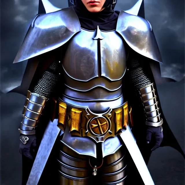 Image similar to dark knight as a holy paladin in futuristic magic punk pearl armor, highly detailed, 4 k, hdr, smooth, sharp focus, high resolution, award - winning photo, anne stokes, photorealistic