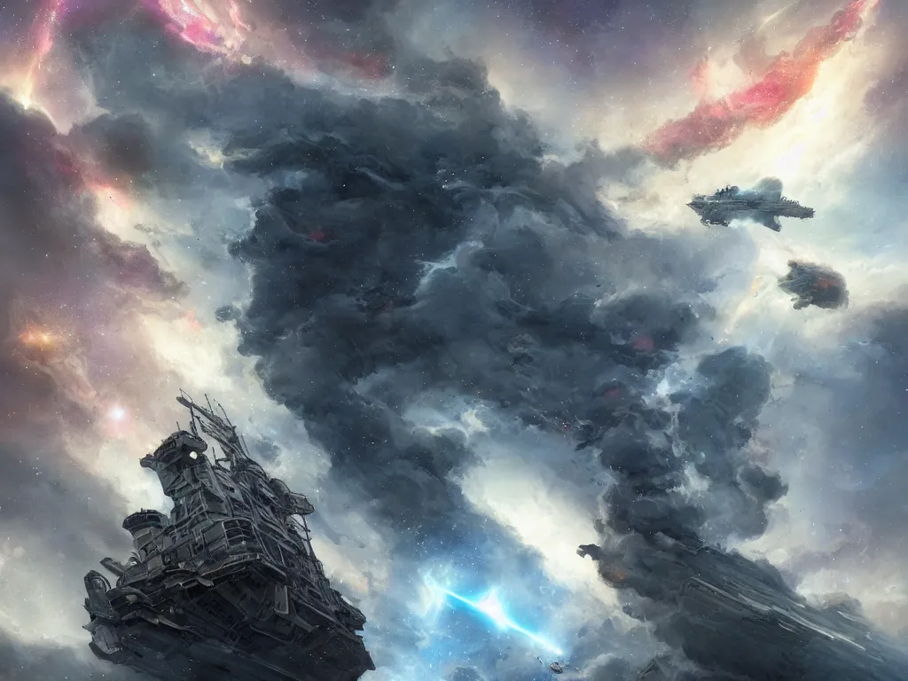 Prompt: epic portrait an epic space battle between freighters and frigates, stars, glowing, nebulaes, brutal digital painting, artstation, concept art, soft light, hdri, smooth, sharp focus, illustration, fantasy, intricate, elegant, highly detailed, D&D, matte painting, in the style of Greg Rutkowski and Alphonse Mucha and artemisia, 8k, highly detailed, jurgens, rutkowski, bouguereau, pastoral, rustic, georgic, detailed concept art, illustration, colorful pastel, painting, detail, ultra detailed, digital art, 4K,