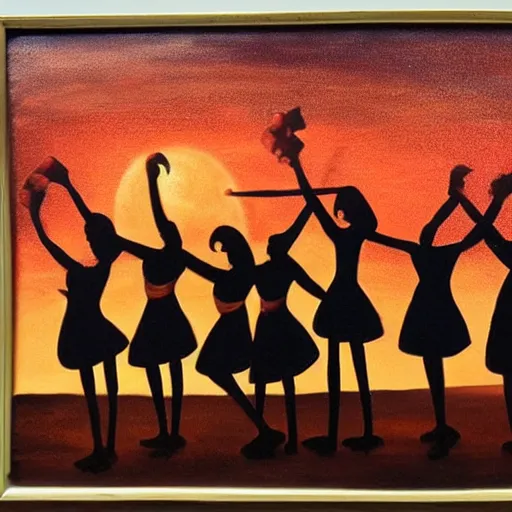 Image similar to african women dancing around a glowing energized steampunk portal at sunset, by alan kenny, oil on canvas