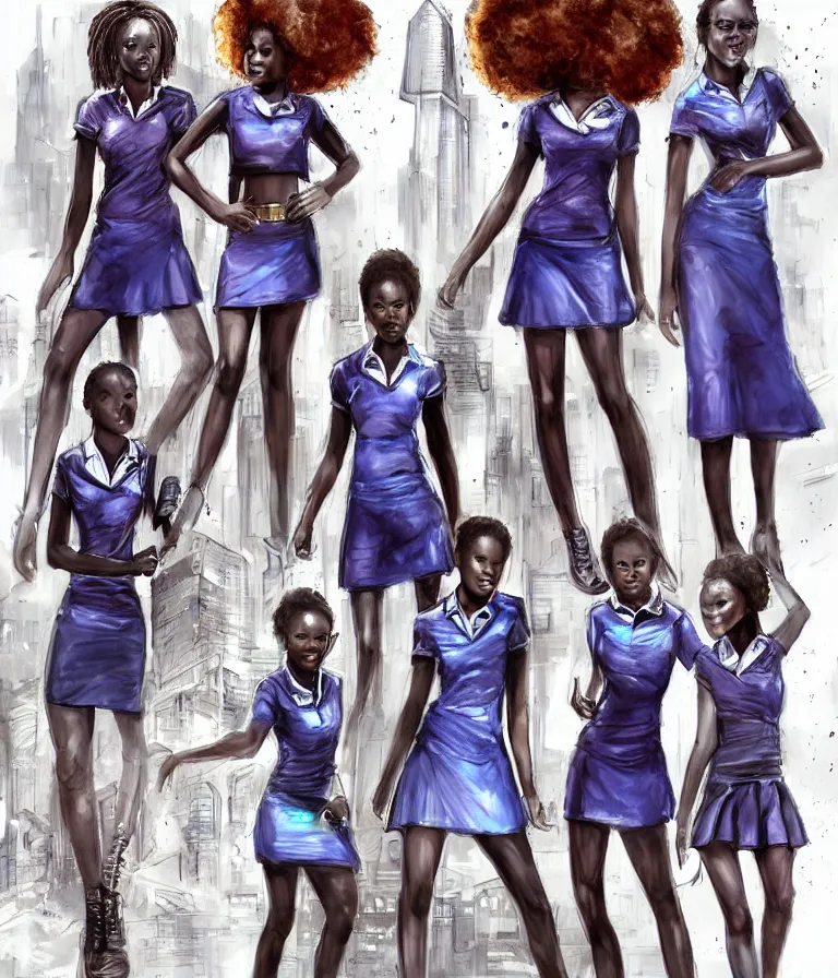 Image similar to a perfect, realistic professional digital sketch of african schoolgirls posing in a sci-fi afro futuristic cityscape, style of Marvel, full length, by pen and watercolor, by a professional American senior artist on ArtStation, a high-quality hollywood-style sketch, on high-quality paper