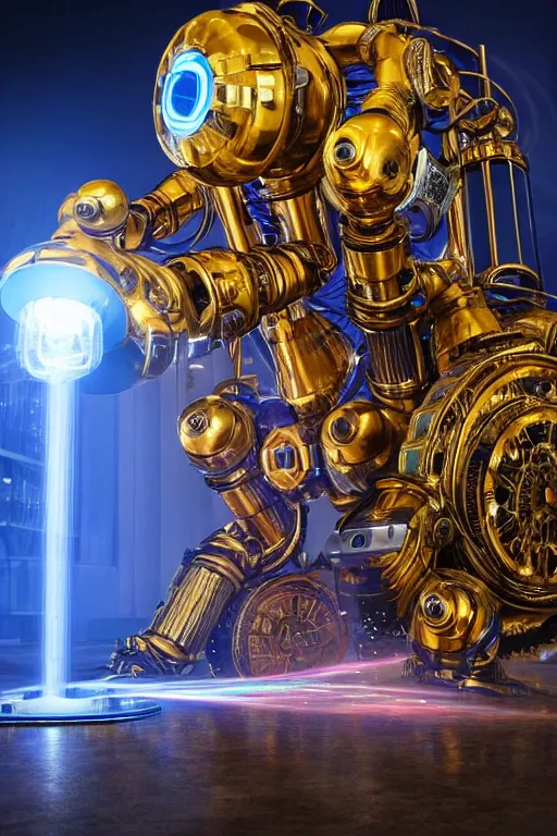 Image similar to portrait photo of a giant huge golden and blue metal humanoid steampunk robot vaccuum cleaner, with gears and tubes, in the hand are mop and bucket, eyes are glowing red lightbulbs, shiny crisp finish, 3 d render, 8 k, insaneley detailed, fluorescent colors, background is multicolored lasershow